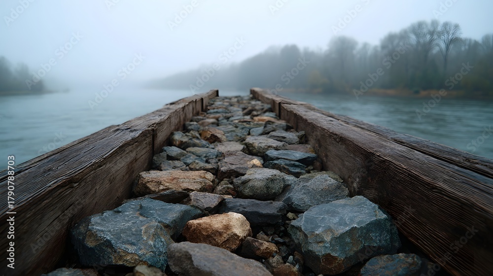 Fototapeta premium A weathered wooden and stone pathway leads into a misty river scene with fog shrouded trees in the distance