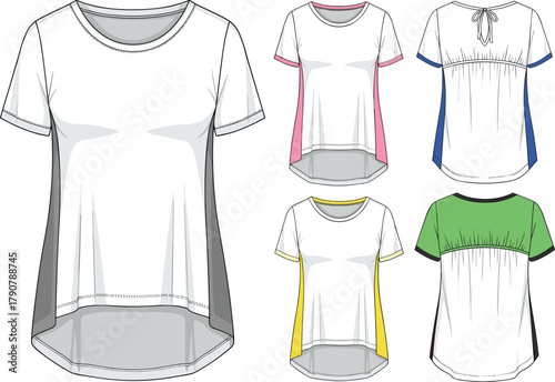 Women’s high-low hem t-shirt, short sleeve top, fashion illustration, color variations, casual wear, side panel detail, modern design, apparel mockup, vector style