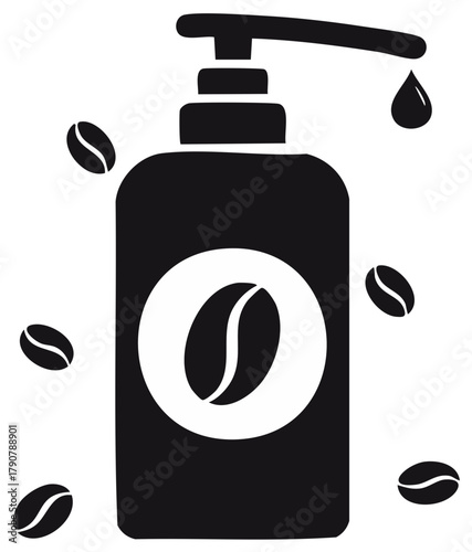 Black and white illustration of coffee pump bottle and coffee beans.