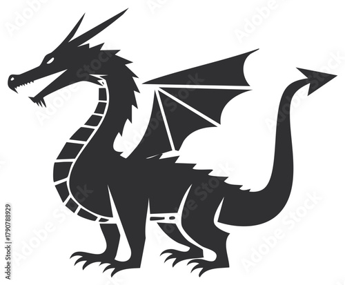 Vector Graphic: Stylized Silhouette of Winged Dragon with Spikes and Arrow Tail