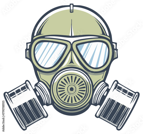 Stylized gas mask with goggles and filters for respiratory protection and safety