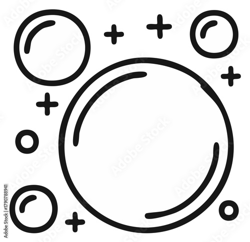 Simple Black and White Soap Bubbles with Plus Signs, Line Art Illustration