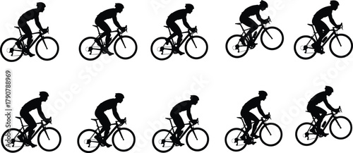 Cyclist, silhouette, motion, bike, riding, sport, athlete, sequence, movement, dynamic, black, white, outdoor, speed, posture, pedaling, exercise, activity, road, illustration