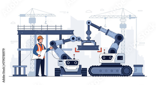 Innovative construction site with advanced robotics and automation enhancing building efficiency