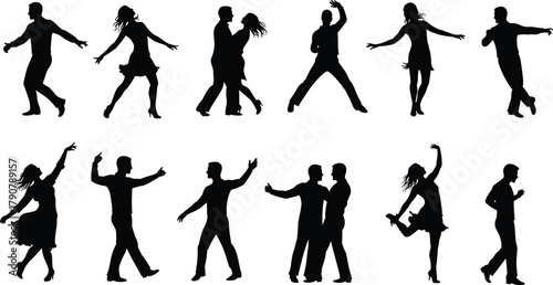 Dancing couple silhouettes, black figures, partner movement, expressive pose, dance styles, ballroom, swing, Latin, posture variation, emotional gesture, rhythm, coordination