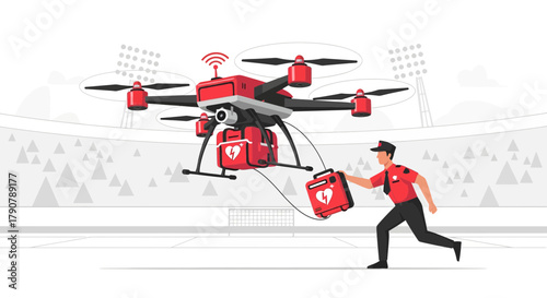 Innovative emergency response system, drone delivering automated external defibrillator to stadium