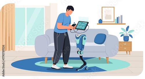 Innovative Prosthetic Leg Controlled with Tablet Technology in a Modern Living Room setting