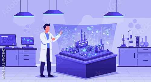 Innovative scientist reviewing a virtualized industrial manufacturing plant design model