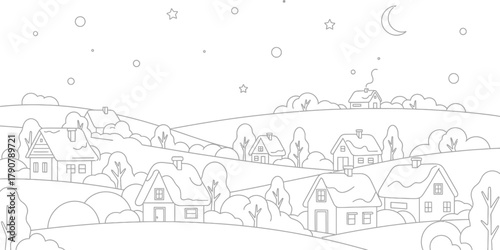 Winter village landscape with houses trees moon and stars in a simple line art