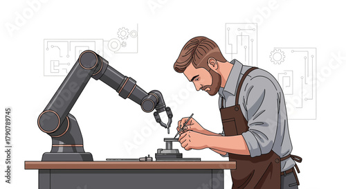 Man and robotic arm working on precision assembly in a tech enhanced workshop setup