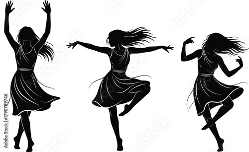 Dancing silhouette illustration, graceful poses, expressive movement, flowing dress, emotional gesture, faceless figure, performance art, stylized design, rhythm, motion study
