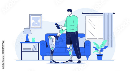 Man controlling prosthetic legs with tablet in living room showcasing advanced technology for