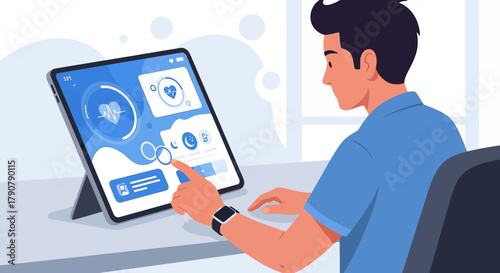 Man interacts with health and fitness app on tablet, digital health monitoring illustration