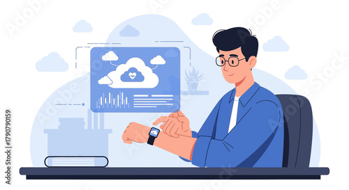 Man monitoring health data on smartwatch connected to cloud computing platform