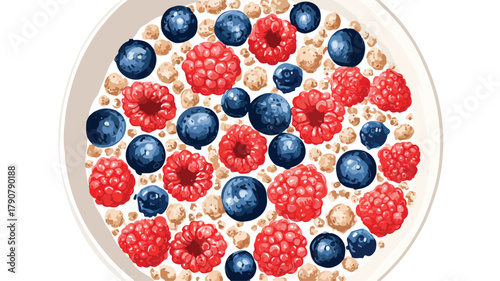 Crisp Cereal Bowl with Fresh Berries Top-Down View Vector Illustration