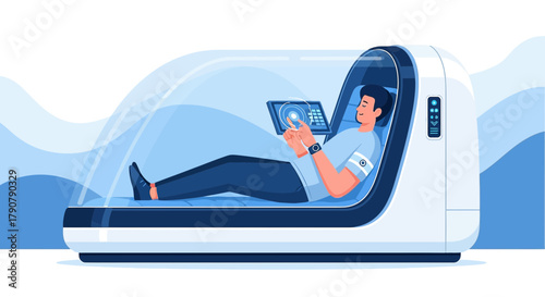 Man relaxing in a futuristic pod using a digital tablet for entertainment or work experience