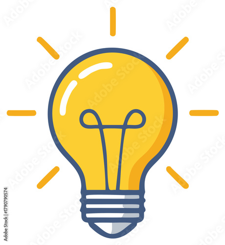 Illuminating yellow lightbulb emits bright rays symbolizing creative ideas innovation and inspiration with a modern icon design
