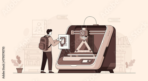 Modern 3D printer technology concept with a student or designer exploring new innovative projects