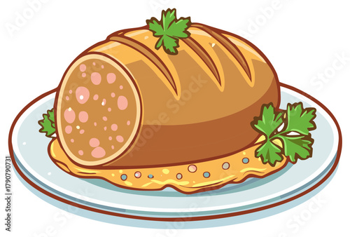 Cartoon Style Meatloaf Illustration with Parsley and Gravy on a Plate