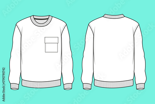 Men's Crew Neck Sweatshirt with Chest Flap Pocket Fashion Technical Flat Sketch CAD Mockup Outline.