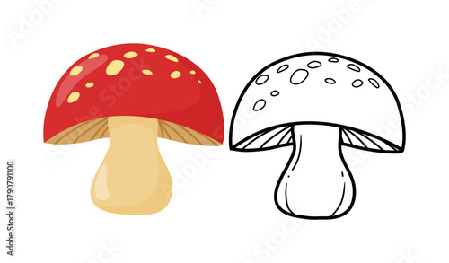 Cute Red Mushroom Illustration and Black Outline for Coloring, Kids, and Education