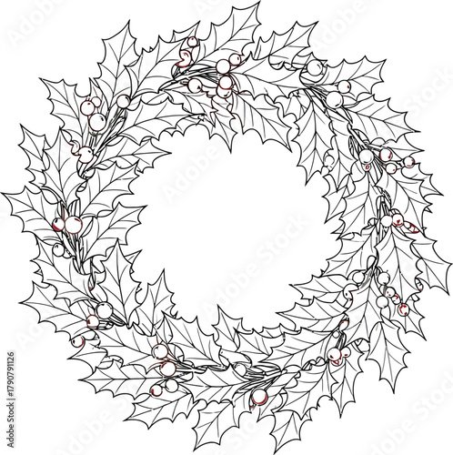 Watercolor christmas wreath with holly leaves and berries on a white background