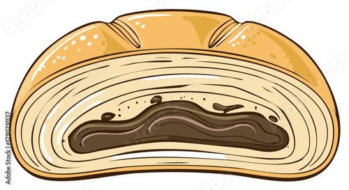 Cut-open pastry, filled with chocolate cream in colorful line art