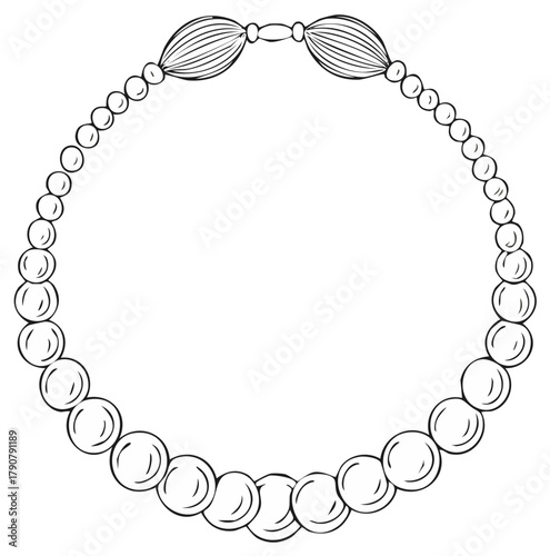 Elegant graduated pearl necklace line art drawing with ornate clasp design