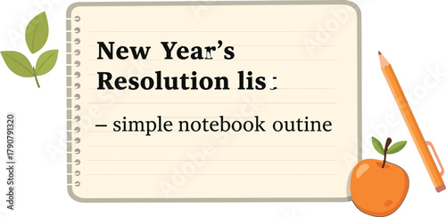 New year's resolution list on a notebook with a pencil and an apple icon art