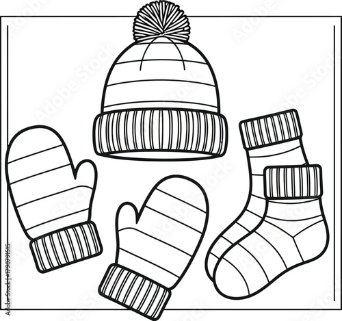Winter apparel set with hat mittens and socks in blue and cream colors