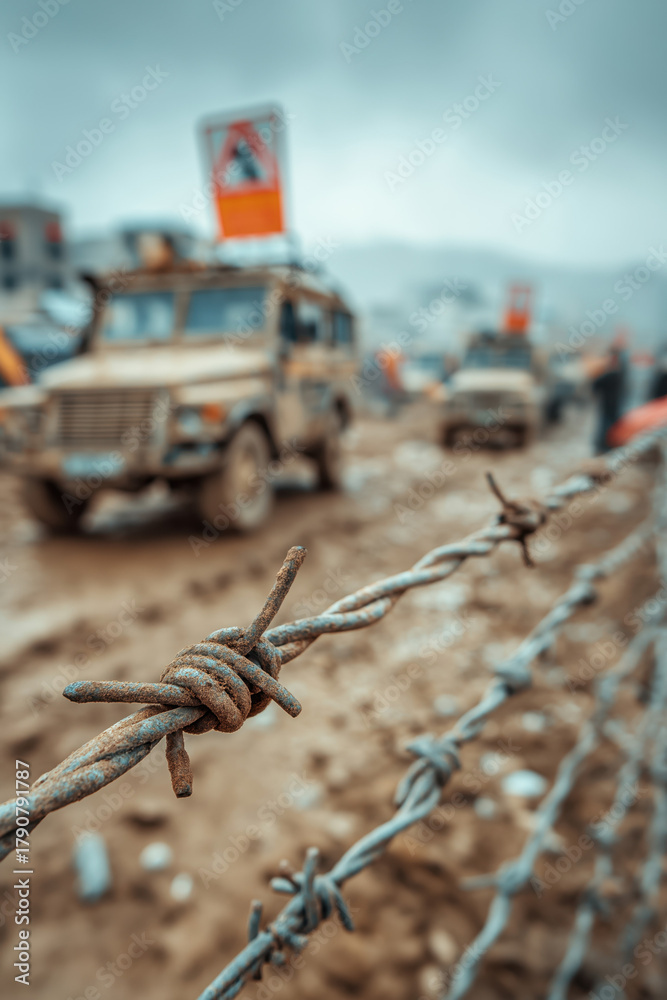 Obraz premium Fil barbelé rouillé avec véhicules militaires flous en arrière-plan, scène de guerre ou zone de conflit
