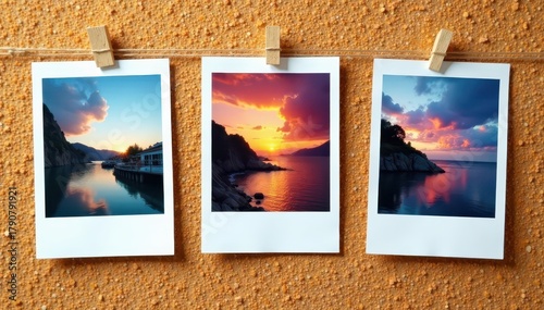 Three modern instant photos displayed on a cork noticeboard , corkboard, advertising, decor