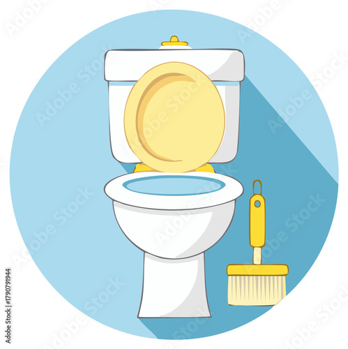 Flat design vector illustration of a white toilet with yellow seat and a cleaning brush