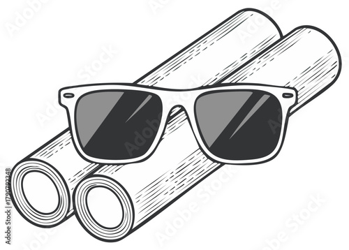 Sunglasses resting on rolled up paper illustration