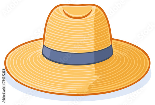 Stylish straw hat with a ribbon, sun protection, Summer season, vacation concept, beach accessory, headdress illustration