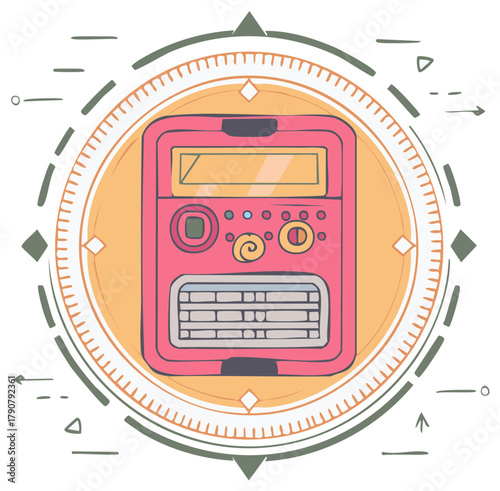 Pink Radio Device with Decorative Circle Arrows and Triangle Design Elements
