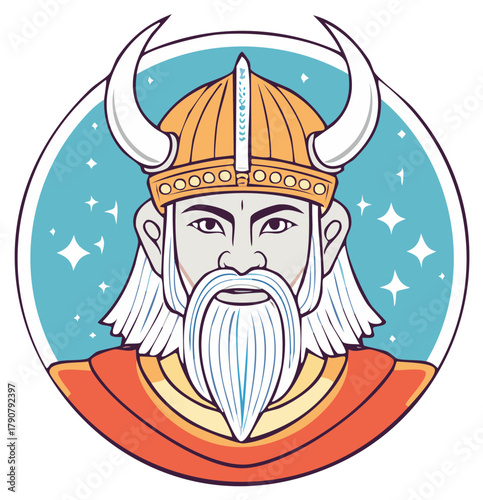 Stylized illustration of a wise ancient warrior wearing a horned helmet and long beard against a starry sky