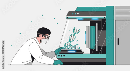 Scientist examines 3D printed DNA model in laboratory setting focusing on research
