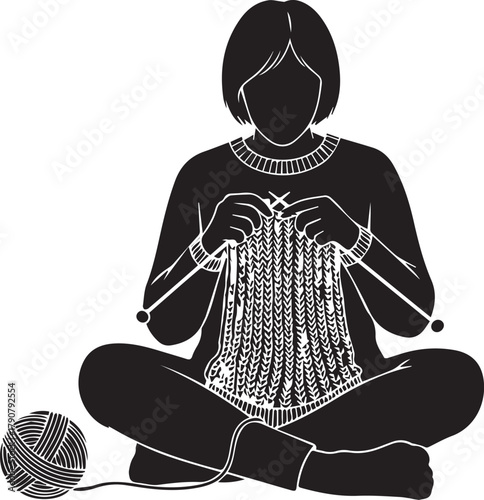 Silhouette of a person knitting with yarn and needles relaxing in a cross-legged pose