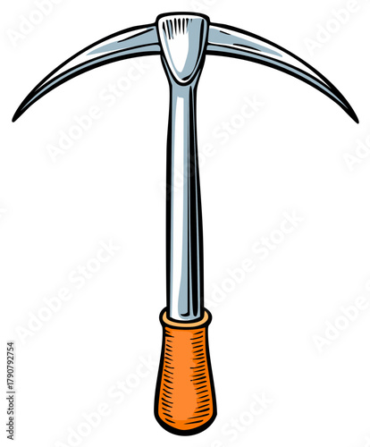 Isolated illustration of a silver metal pickaxe with an orange handle for construction or mining needs