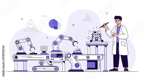 Scientist overseeing automated robotic production line in a futuristic factory or laboratory