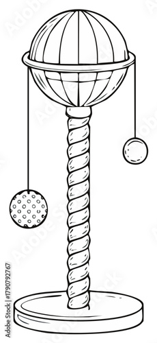 Black and white line art illustration of a cat scratching post with hanging toy balls