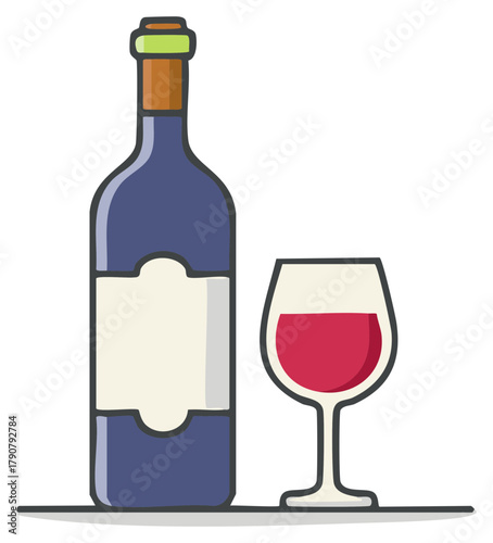 Stylized illustration of a wine bottle and a glass of red wine on a table