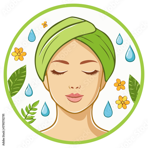 Woman face with eyes closed wearing turban with flower, leaf and water drop elements