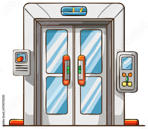 Futuristic automatic elevator doors with illuminated controls and handles