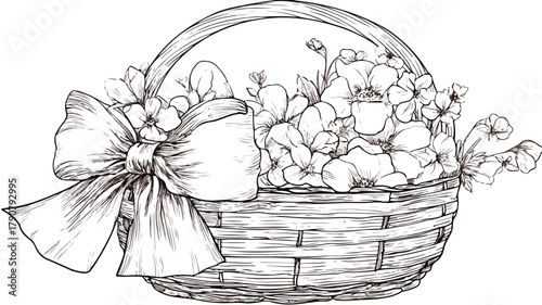 Easter Wicker Basket with Bow, Flowers and Paint Vector