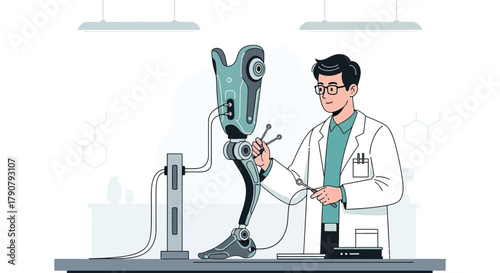 Scientist working on a robotic leg in a lab, developing innovative prosthetic technology for