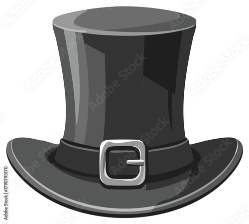 Stylized Gray Top Hat Illustration with Decorative Buckle and Band Design