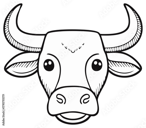 Line art drawing of a cute cartoon cow head with big eyes and horns