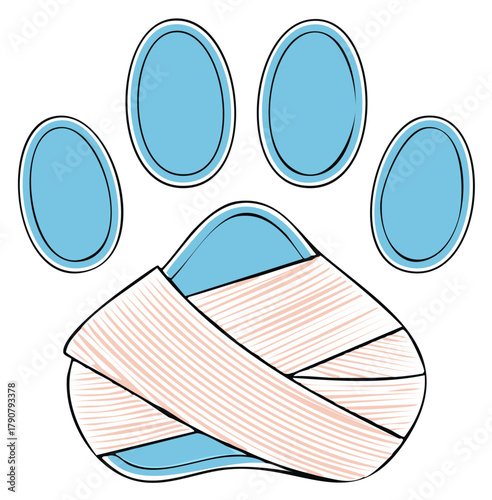 Paw print with injured padded pad and blue toe pads graphic